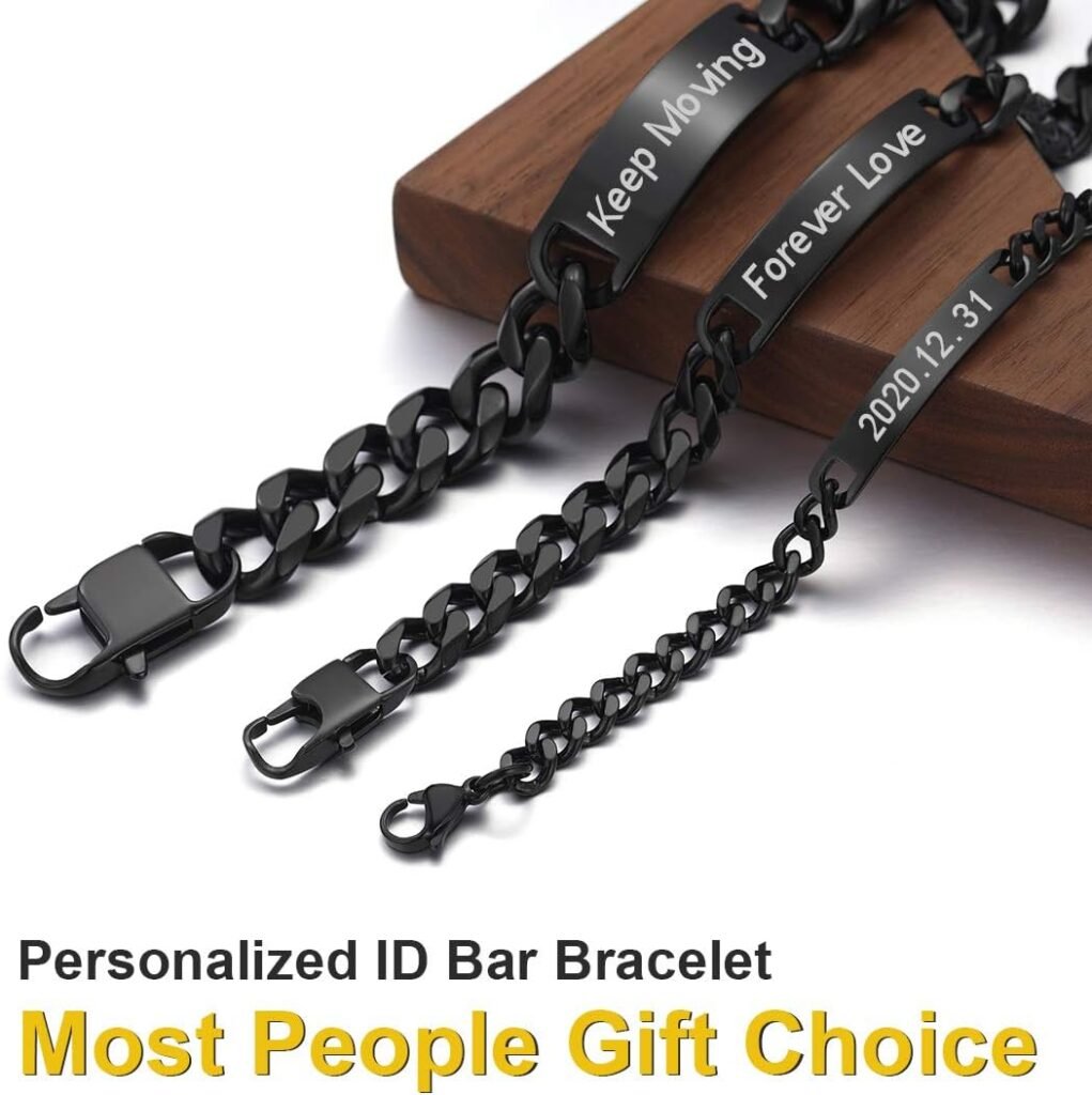 ChainsHouse Custom ID Bracelet for Men Women Stainless Steel Cuban Curb Link Chain Personalized Engrave Bar Bracelet Bangle, 7mm Width, 19-21CM, Send Gift Box