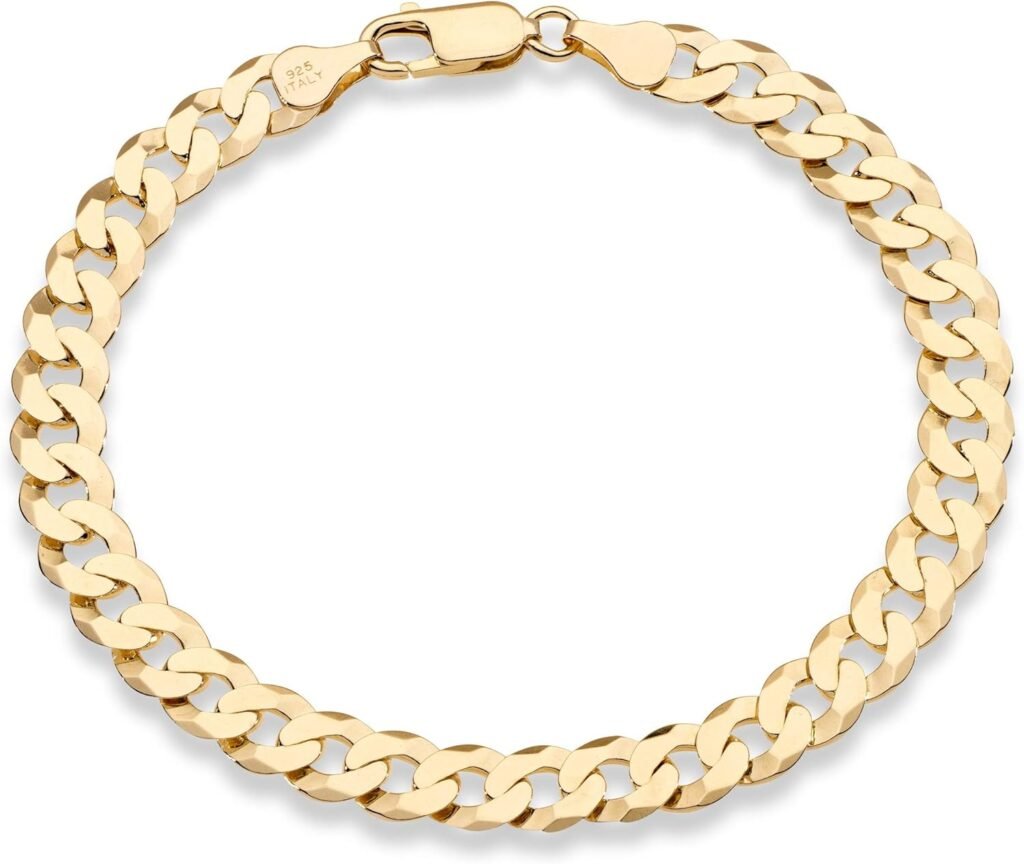 Miabella 18K Gold Over Sterling Silver Italian 7mm Solid Diamond-Cut Cuban Link Curb Chain Bracelet for Men Women, 925 Made in Italy