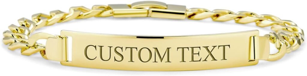 Bling Jewelry Classic Personalized Mens Name Bar Plated Identification ID Bracelet For Men Teens Boys Figaro or Cuban Curb Chain Link 18K Yellow Gold Plated 8 8.5 9 Inch Customizable
