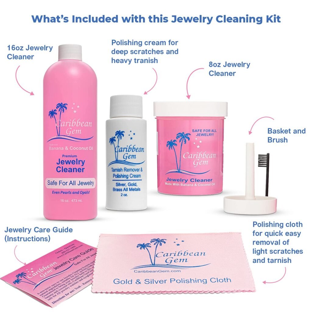 Jewelry Cleaner 8 oz  16 oz Refill, Basket, Brush, Polishing Cream, Ammonia Free Jewelry Cleaning Kit for All Gold, Silver, Diamonds, Rings, Necklaces, Gems, Precious Stones  Metals