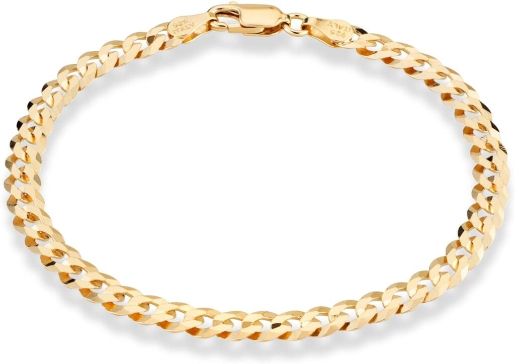 Miabella 18K Gold Over Sterling Silver Italian 5mm Solid Diamond-Cut Cuban Link Curb Chain Bracelet for Men Women, 925 Made in Italy
