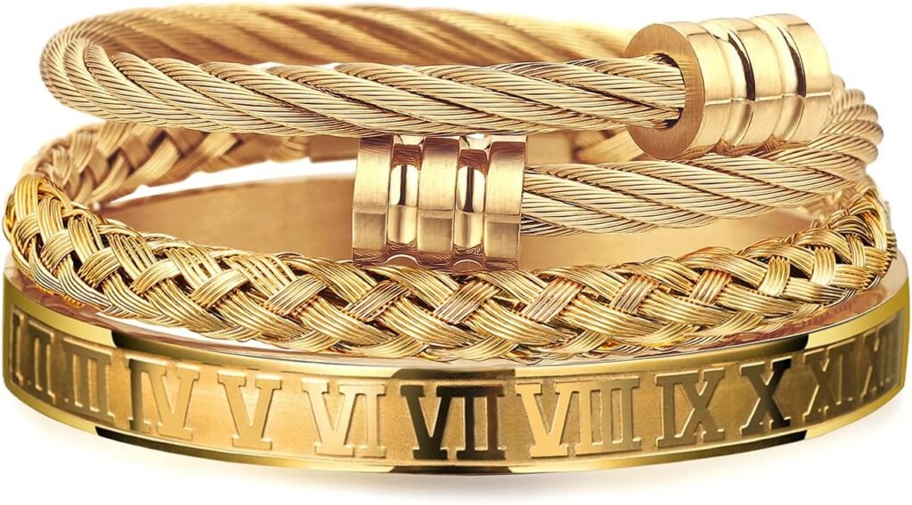 WFYOU 3PCS Stainless Steel Bracelets for Men Gold Roman Numeral Bangle Bracelet Twisted Cable Bracelet Adjustable Cuff Bracelet Mens Luxury Jewelry Bracelets Gifts