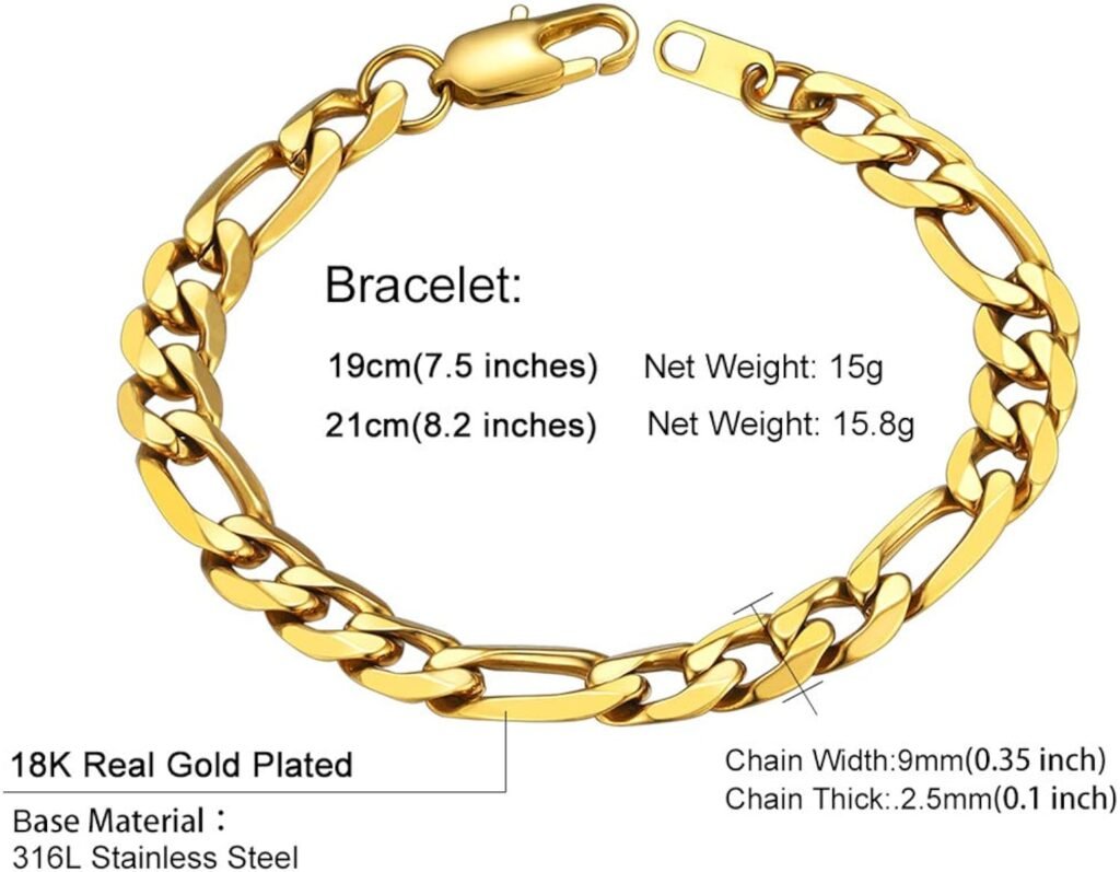 ChainsHouse Figaro Link Chain Bracelet Stainless Steel/Black/18K Gold Plated Wrist Bracelets for Men Women, 6MM-13MM, 7.5/8.3, Send Gift Box
