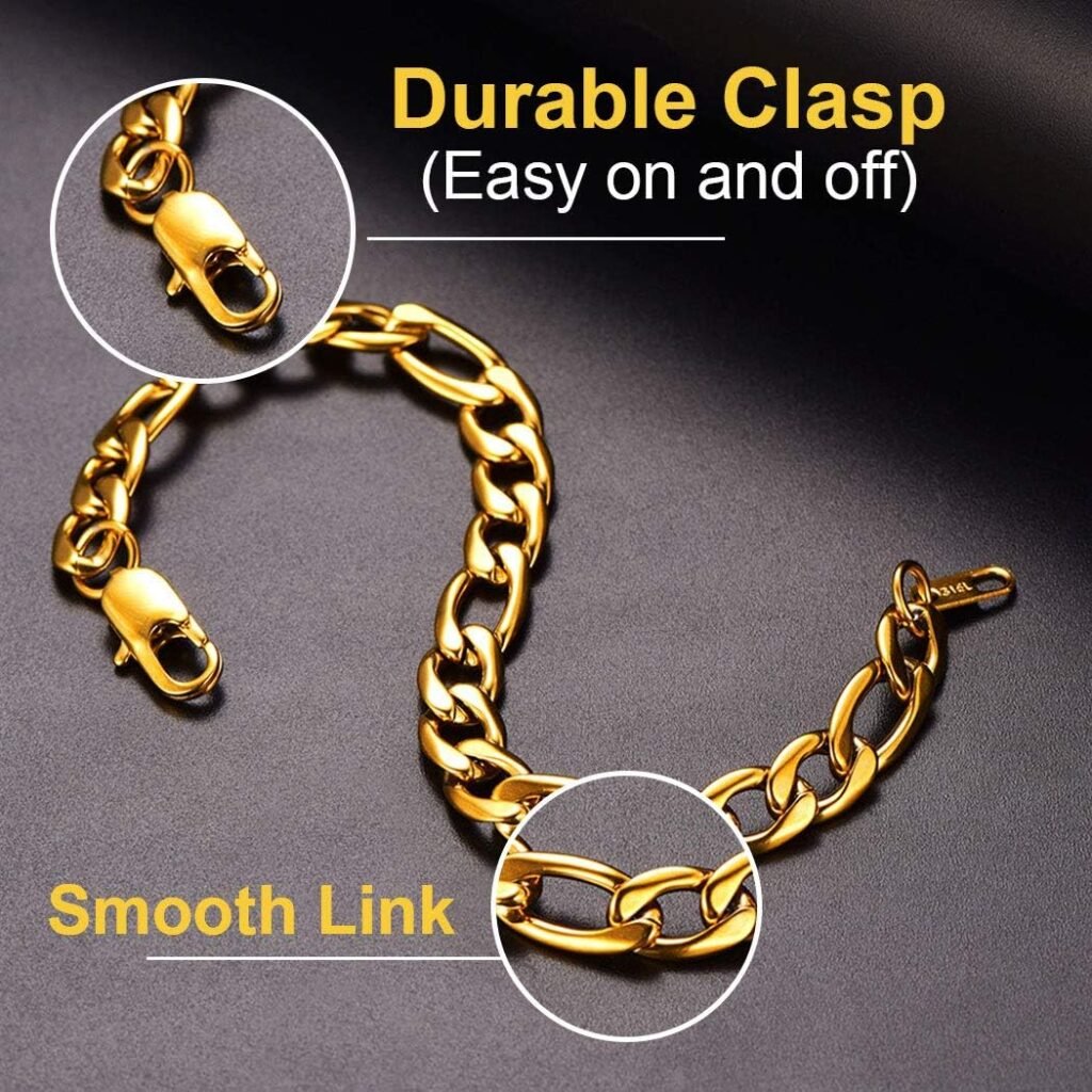 ChainsPro Men Sturdy Figaro/Cuban Chain Bracelet, 6/9/13mm Width, 7.48/8.26inch Length, 316L Stainless Steel/18K Gold Tone/Black- Send Gift Box