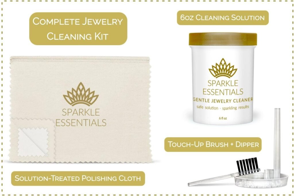 Gentle Jewelry Cleaner Solution Kit: Gold, Sterling Silver, Diamond, Turquoise, Pearl, Earrings, Engagement or Wedding Ring, Fine  Fashion Jewlery, Cleaning Solution, Polishing Cloth, Dipper  Brush