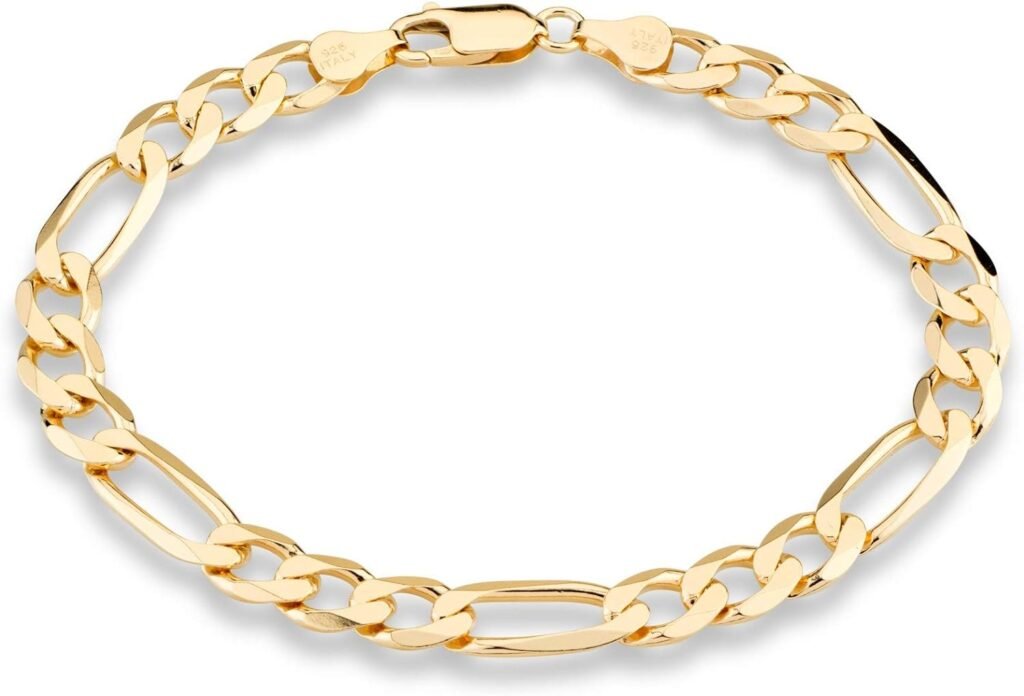 Miabella 18K Gold Over Sterling Silver Italian 7mm Solid Diamond-Cut Figaro Link Chain Bracelet for Men 7, 7.5, 8, 8.5, 9 Inch 925 Made in Italy