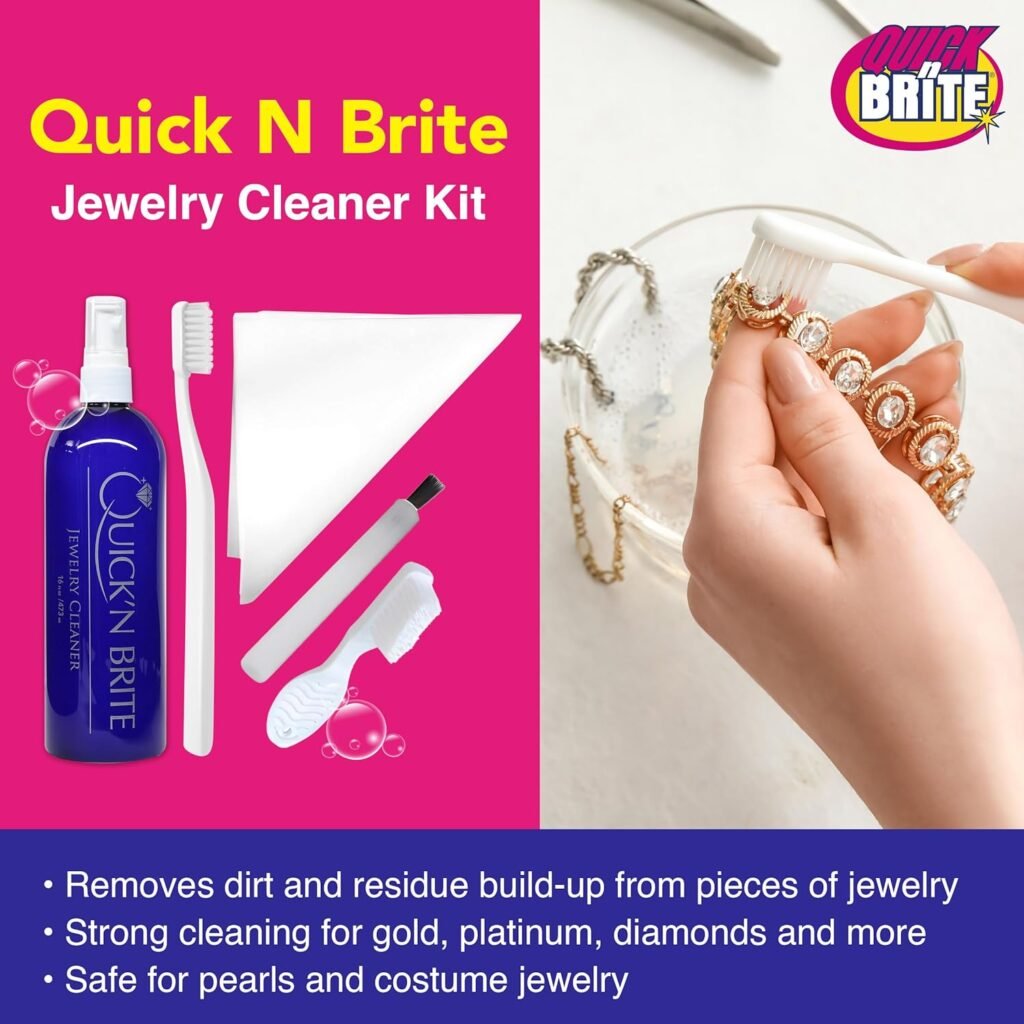 Quick N Brite Jewelry Cleaner Kit, with 16 oz Jewelry Cleaner, 3 Pc Cleaning Brush, and Polishing Cloth – 5 Piece