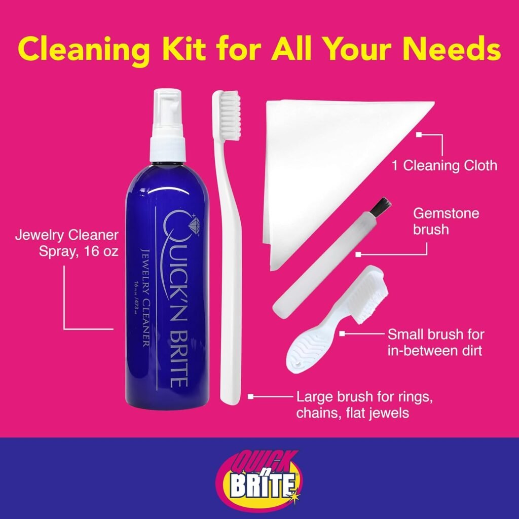 Quick N Brite Jewelry Cleaner Kit, with 16 oz Jewelry Cleaner, 3 Pc Cleaning Brush, and Polishing Cloth – 5 Piece