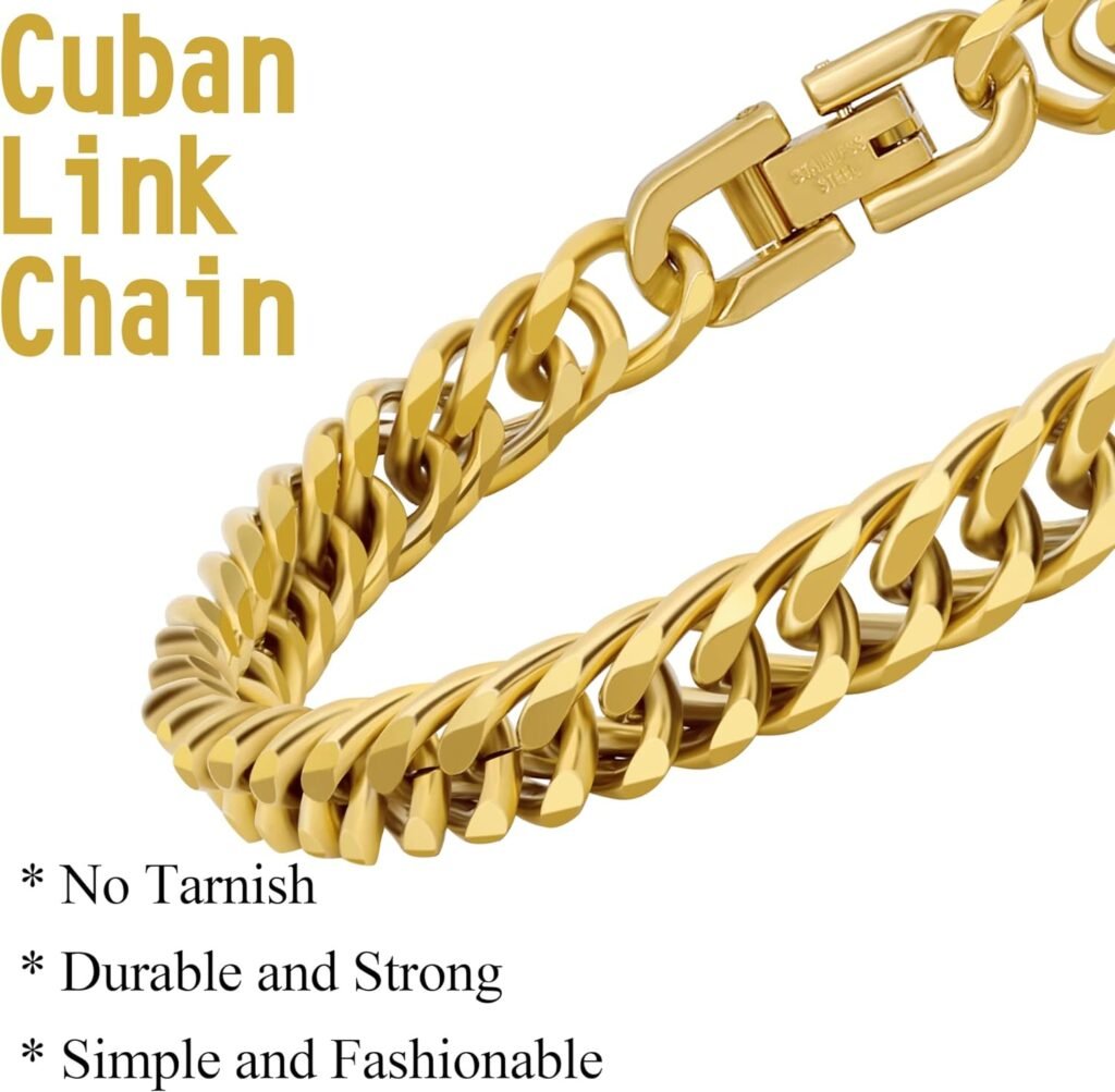 3PCS Cuban Link Bracelet Necklace, Gold Sturdy 316L Stainless Steel Cuban Link Chain for Men Jewelry Set 8mm, 7/8/9 Inches