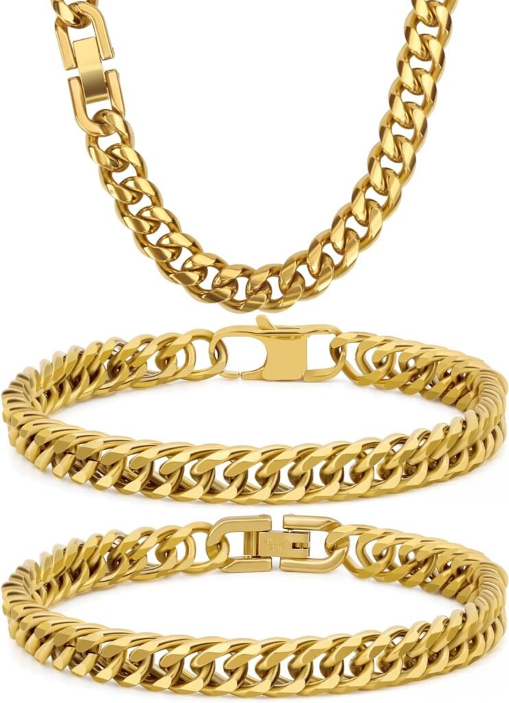 3PCS Cuban Link Bracelet Necklace, Gold Sturdy 316L Stainless Steel Cuban Link Chain for Men Jewelry Set 8mm, 7/8/9 Inches