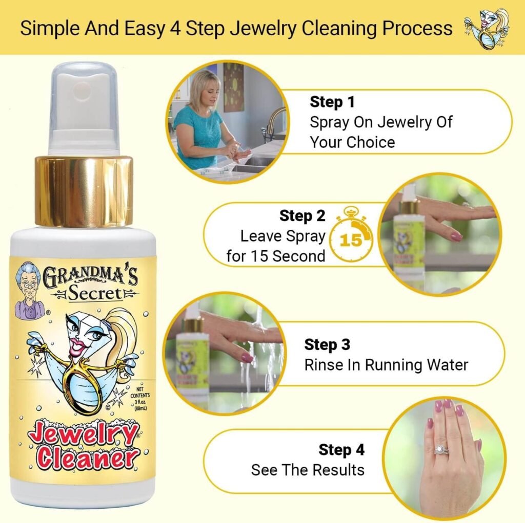 Grandmas Secret Jewelry Cleaner - Gold and Silver Jewelry Cleaner - Toxin and Chemical-Free Jewelry Cleaning Solution - Jewelry Cleaner Liquid for Office and Home Use - 3-Ounce Anti Tarnish Spray