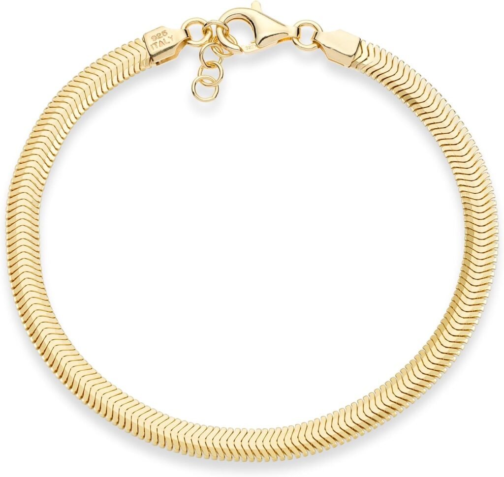 Miabella Italian 18K Gold Over 925 Sterling Silver 4mm Flat Snake Dome Herringbone Chain Link Bracelet for Women Men, Made in Italy